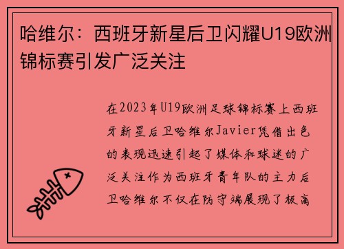 哈维尔：西班牙新星后卫闪耀U19欧洲锦标赛引发广泛关注