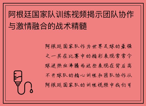 阿根廷国家队训练视频揭示团队协作与激情融合的战术精髓