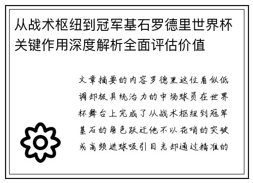 从战术枢纽到冠军基石罗德里世界杯关键作用深度解析全面评估价值