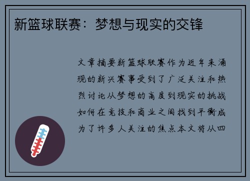新篮球联赛：梦想与现实的交锋