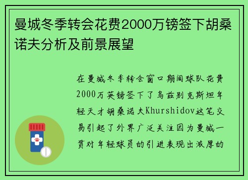 曼城冬季转会花费2000万镑签下胡桑诺夫分析及前景展望
