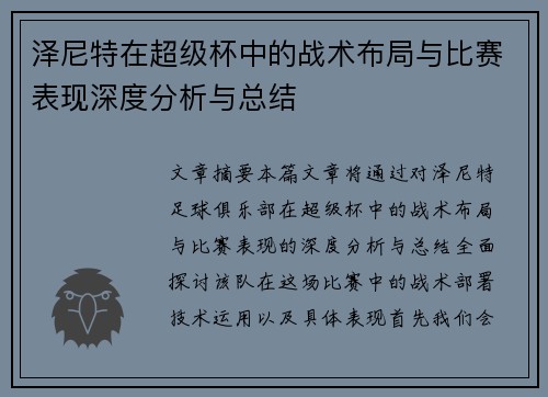 泽尼特在超级杯中的战术布局与比赛表现深度分析与总结