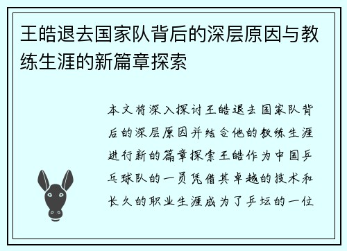 王皓退去国家队背后的深层原因与教练生涯的新篇章探索